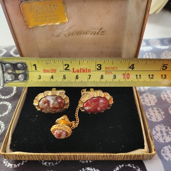 Krementz  Jasper red stones cufflinks set vintage #08 - Picture 2 of 4